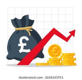 United Kingdom Money. British pound sterling and red arrow on a chart. Financial growth illustration.