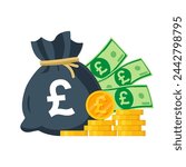 United Kingdom Money Vector Illustration. British pound sterling, coins and banknotes. Each object isolated.