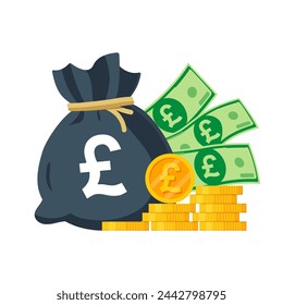 United Kingdom Money Vector Illustration. British pound sterling, coins and banknotes. Each object isolated.