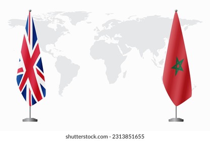 United Kingdom and Morocco flags for official meeting against background of world map.
