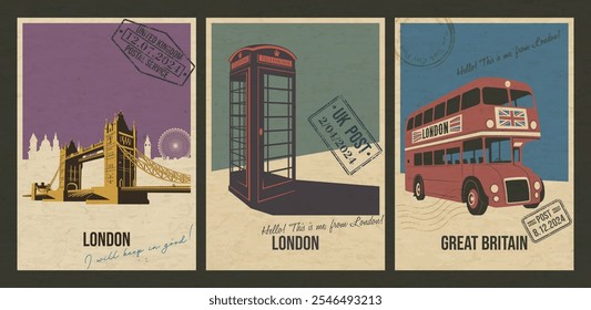 United Kingdom Most Famous Attractions. Retro Postkarten Stil Vektorgrafik-Set. London Telefonzelle, Tower Bridge, Red Bus. Alte Papierstruktur, Retro-Farben