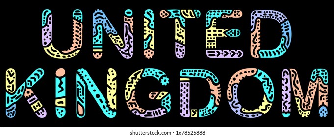 United Kingdom. Multicolored bright contrast isolate inscription. Colored curves doodle letters. United Kingdom for print, clothing, t-shirt, souvenir, booklet, banner, flyer, card, bag. Stock picture