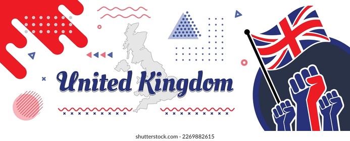 United Kingdom National day banner for Independence day with abstract modern design. UK, British, map, raised fists and geometric art in flag color theme