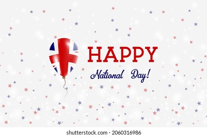 United Kingdom National Day patriotic poster. Flying Rubber Balloon in Colors of the British Flag. United Kingdom National Day background with Balloon, Confetti, Stars, Bokeh and Sparkles.