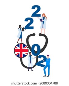 United Kingdom national flag on a stethoscope with doctors and year 2022 on a white background. Postcard on the topic of fighting the epidemic. Health workers in the new year.