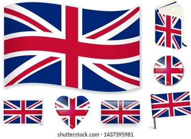 United Kingdom national flag in wave, book, circle, pin, button, heart and sticker shapes.