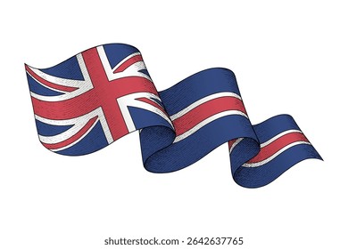 United Kingdom national flag waving ribbon shape with engraved vintage texture