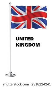 United Kingdom national state flag fluttering on white background with realistic country name inscription. flags icon