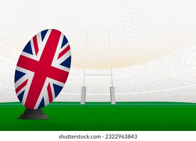 United Kingdom national team rugby ball on rugby stadium and goal posts, preparing for a penalty or free kick. Vector illustration.