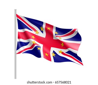 The United Kingdom national waving flag with a circle of European Union twelve gold stars, ideals of unity with EU, member since 1 January 1973. Realistic vector illustration