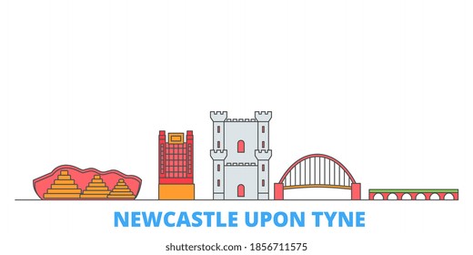 Reino Unido, Newcastle Upon Tyne, linea cityscape, vector plano. Punto de referencia de la ciudad de viajes, ilustración de oultine, íconos del mundo de la línea