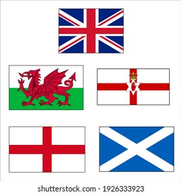 United Kingdom and Northern Ireland Flag vector Icon set rectangles with Union Jack, Wales, Scotland, England flags in Europe.