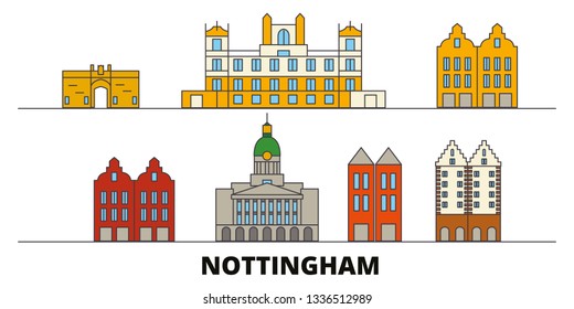 United Kingdom, Nottingham flat landmarks vector illustration. United Kingdom, Nottingham line city with famous travel sights, skyline, design. 