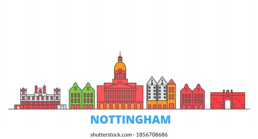 United Kingdom, Nottingham line cityscape, flat vector. Travel city landmark, oultine illustration, line world icons