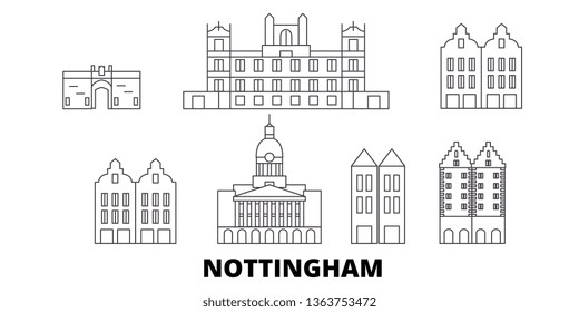 United Kingdom, Nottingham line travel skyline set. United Kingdom, Nottingham outline city vector illustration, symbol, travel sights, landmarks.