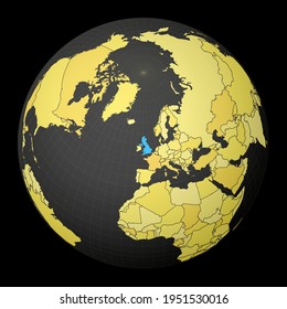 United Kingdom On Dark Globe With Yellow World Map. Country Highlighted With Blue Color. Satellite World Projection Centered To United Kingdom. Creative Vector Illustration.