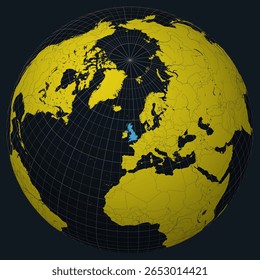 Reino Unido no Globe. Vista do país no mapa do mundo em Carvão amarelo brilhante paleta de cores. Reino Unido forma no mapa. Globo com meridianos, paralelos, países, rios e lagos.
