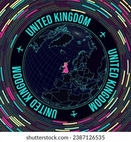 United Kingdom on globe. Satellite view of the world centered on the United Kingdom. Bright neon style. Futuristic radial bricks background. Classy vector illustration.