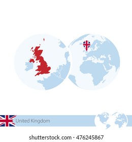 United Kingdom On World Globe With Flag And Regional Map Of United Kingdom. Vector Illustration.