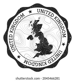 United Kingdom outdoor stamp. Round sticker with map of country with topographic isolines. Vector illustration. Can be used as insignia, logotype, label, sticker or badge of the United Kingdom.