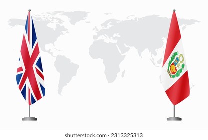 United Kingdom and Peru flags for official meeting against background of world map.