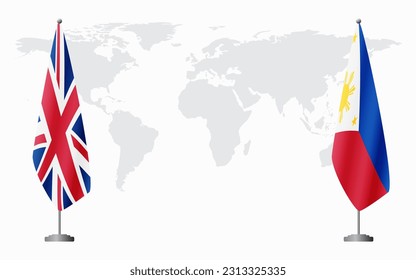 United Kingdom and Philippines flags for official meeting against background of world map.