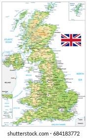 United Kingdom Physical Map with city names isolated on white. Vector illustration.