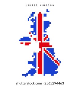 United Kingdom pixel flag map icon. 8 bit pixel art British map covered with flag. Flat vector illustration isolated on white background.