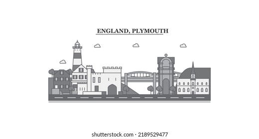United Kingdom, Plymouth city skyline isolated vector illustration, icons