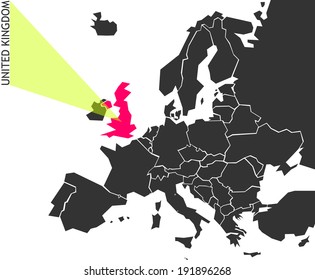 United Kingdom - political map of Europe with marked state. Marker looks like ray of light. (vector illustration)