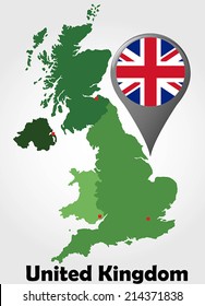 United Kingdom political map with green shades and map pointer.