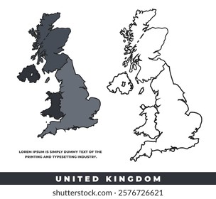 United Kingdom political regions black color outline map set