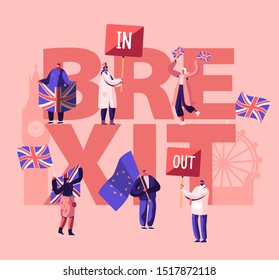 United Kingdom Politics Concept. People with Britain and European Union Flags. Brexit and Anti Brexit Supporters on Demonstration Poster, Banner, Flyer, Brochure. Cartoon Flat Vector Illustration