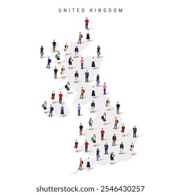 United Kingdom population map. Large group of realistic a diverse crowd of people figures in a shape of British map. Flat vector illustration isolated on white.