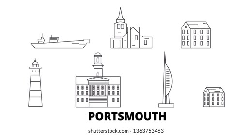 United Kingdom, Portsmouth line travel skyline set. United Kingdom, Portsmouth outline city vector illustration, symbol, travel sights, landmarks.