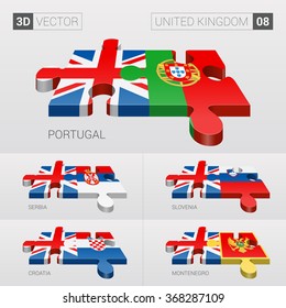 United Kingdom and Portugal, Serbia, Slovenia, Croatia, Montenegro Flag. 3d vector puzzle. Set 08.