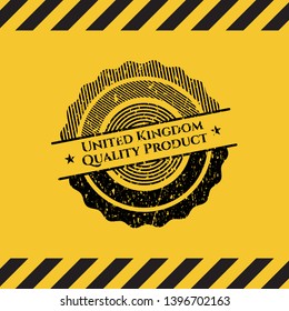 United Kingdom Quality Product grunge black emblem with yellow background, warning sign. Vector Illustration. Detailed.