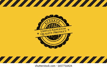 United Kingdom Quality Product grunge black emblem with yellow background, warning sign. Vector Illustration. Detailed.