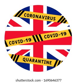 United Kingdom quarantine and extraordinary emergency measures under pandemic virus. stop coronavirus covid-19 yellow border tape on United Kingdom flag background vector illustration