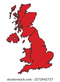 United Kingdom red map with border of regions outline vector