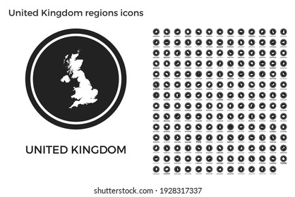 United Kingdom regions icons. Black round logos with country regions maps and titles. Vector illustration.