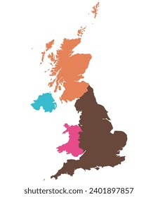 Karte der Regionen des Vereinigten Königreichs. Karte des Vereinigten Königreichs unterteilt in England, Nordirland, Schottland und Wales.