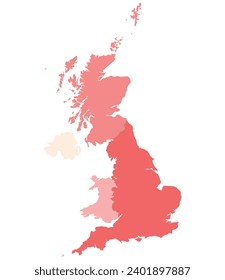 Karte der Regionen des Vereinigten Königreichs. Karte des Vereinigten Königreichs unterteilt in England, Nordirland, Schottland und Wales.