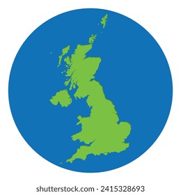 United Kingdom Regions map. Map of United Kingdom igreen color in globe design with blue circle color.