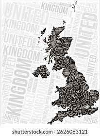 United Kingdom regions map word cloud. United Kingdom region names. Black and white map design. Artistic vector illustration.