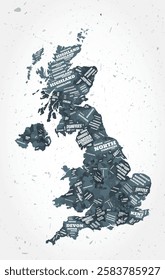 United Kingdom regions word clouds. Country shape on textured background. United Kingdom design in typographic style. Stylish vector illustration.