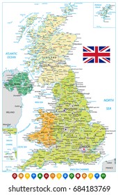 United Kingdom Road Map and Navigation Icons. Vector illustration.