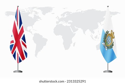 United Kingdom and San Marino flags for official meeting against background of world map.