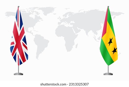 United Kingdom and Sao Tome and Principe flags for official meeting against background of world map.