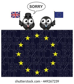 United Kingdom saying sorry for leaving the European Union after the June 2016 referendum perched on an EU flag with Brexit text overlaid
